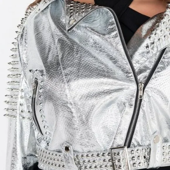 PLUS AZALEA WANG SILVER STUDDED OUT CROP MOTO - Picture 3 of 9